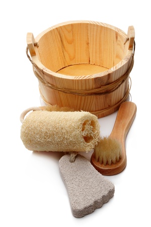 Sauna accessories - wooden bucket, brush, sponge and pumiceの写真素材