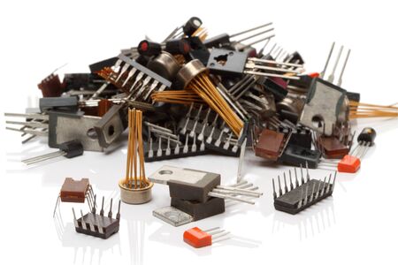 Heap various electronic components isolated on white background