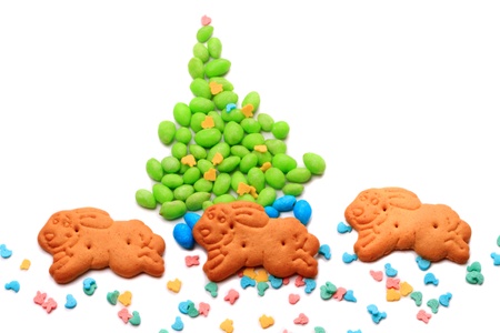 Children's mosaic picture made of colorful dragee candies and cookies. 
Rabbit (symbol of the new year 2011 ). Soft shadows. の写真素材