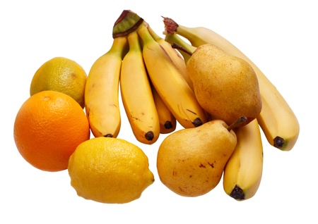 Yellow fruit: banana, orange, pear and lemon. Isolated on white backgroundの写真素材