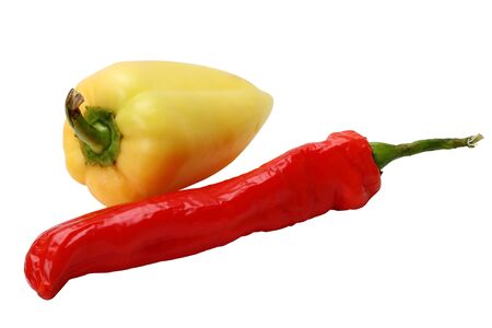 Sweet and hot peppers isolated on white backgroundの写真素材