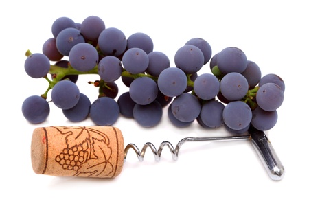 Corkscrew with cork and blue grapes isolated on white backgroundの写真素材