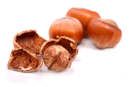 Hazelnuts cracked isolated on a white background
