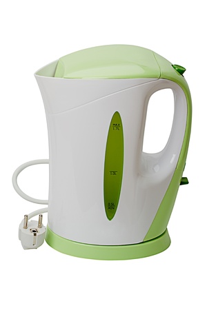 Modern plastic kettle isolated on white backgroundの写真素材