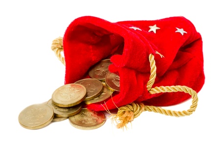Red Bag of gold coins isolated on white backgroundの写真素材