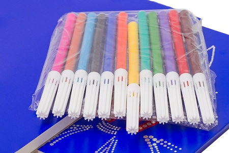 A set of twelve markers and blue albumsの写真素材