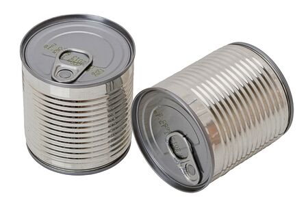 Closed metal Tin of canned. Isolated on white backgroundの写真素材