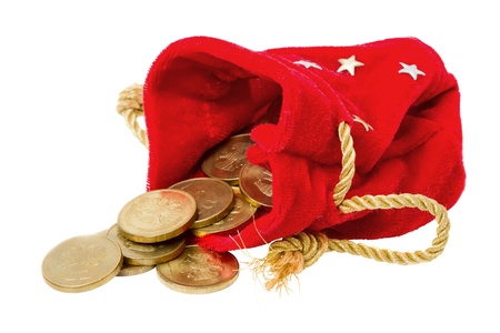 Red Bag of gold coins isolated on white backgroundの写真素材