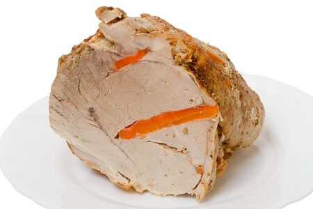 Boiled meat on white plate. Isolated on white backgroundの写真素材