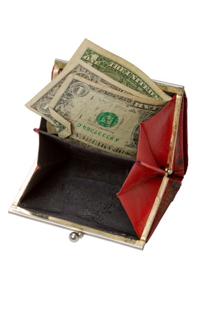 Old purse with two dollars isolated on a white backgroundの写真素材