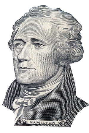 Portrait of Alexander Hamilton in front of the ten dollar billのeditorial素材