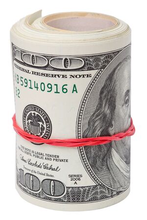 Bundle of dollars tied up with red rubber. Isolated on white backgroundの写真素材