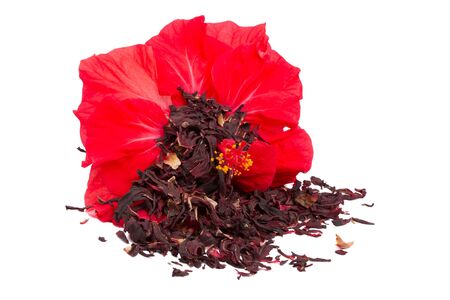 Hibiscus tea and flower isolated on a white backgroundの写真素材