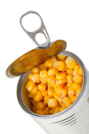 Canned corn in a tin on white. Series of canned foodsの写真素材