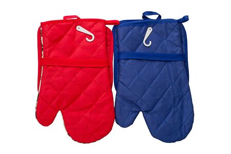 Red and blue protective gloves isolated on white backgroundの写真素材