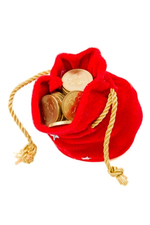 Red Bag of gold coins isolated on white backgroundの写真素材
