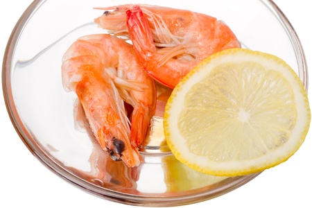 Prepared Shrimp with lemon on white backgroundの写真素材