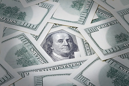 Portrait of Benjamin Franklin by one hundred dollar billsの写真素材