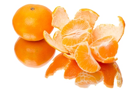 Mandarin orange with a reflection. Isolated on a white backgroundの写真素材