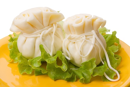Two khinkali cheese made from natural whole milk on a yellow plate.の写真素材