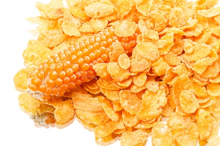 Crispy cornflakes and corn isolated on white backgroundの写真素材