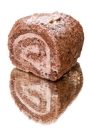 Roll pastry on a mirror isolated on a white background.の写真素材