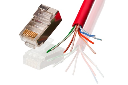 Network Connection element and cable CAT 5 isolated on a white background. の写真素材
