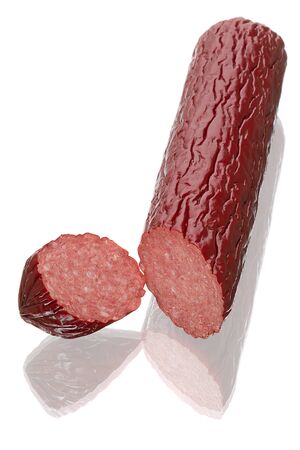 Smoked sausage with reflection isolated on white backgroundの写真素材