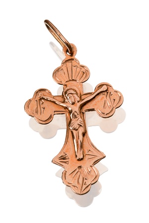 Pectoral gold cross isolated on white backgroundの写真素材
