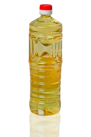 Plastic bottle with oil isolated on a white backgroundの写真素材