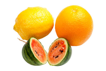 Lemon, orange and a small watermelon. Isolated on white backgroundの写真素材