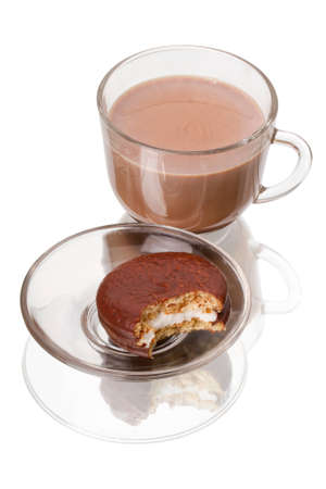 A cup of hot cocoa and cookies in chocolate. Isolated on white backgroundの写真素材