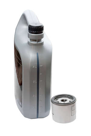 Filter and a five liter jerry can of oil to replace the car. Isolated on white backgroundの写真素材