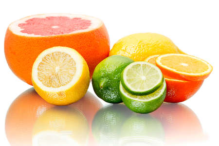 Fresh citrus fruits isolated on white backgroundの写真素材