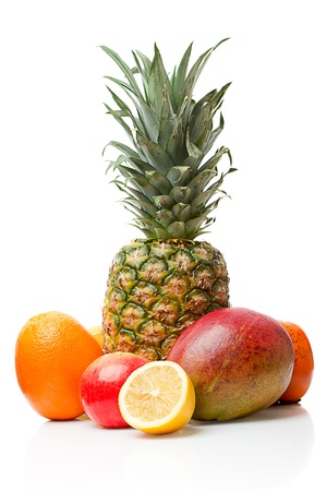 Fresh tropical fruits: avocado, pineapple, orange, lemon, apple, persimmon. Isolated on white background.の写真素材