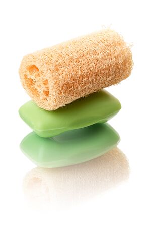 Soap and sponge isolated on white backgroundの写真素材