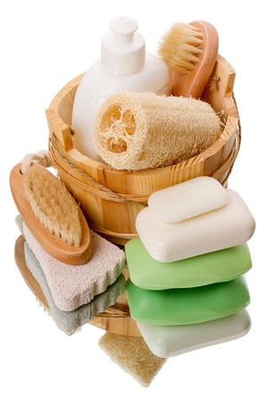 Bath accessories isolated on white backgroundの写真素材