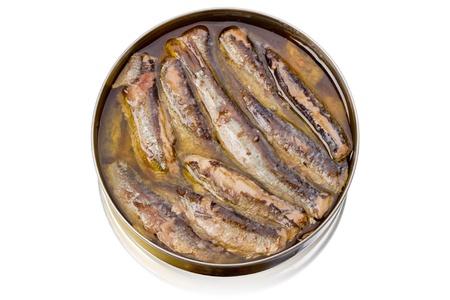 Tin can with sprats isolated on white backgroundの写真素材
