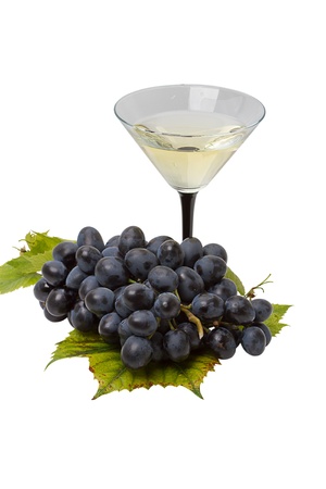 Blue grapes and wine isolated on white backgroundの写真素材
