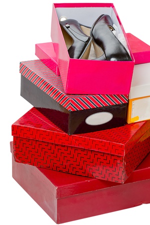 Women's shoes and boxes isolated on white backgroundの写真素材