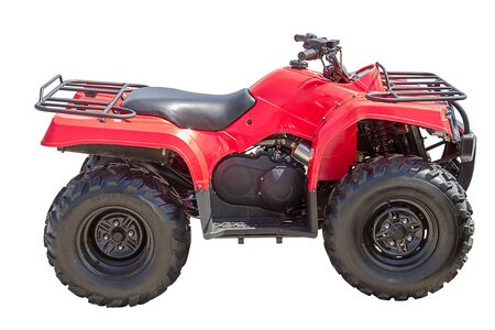 Red All Terrain Vehicle isolated on white background. Inscription on wheels - tire sizeの写真素材