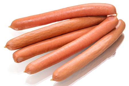 Five long and  thin sausages isolated on white backgroundの写真素材