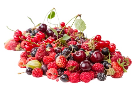 Heap different berries: cherries, raspberries, gooseberries, black currants, red currants, blackberries, strawberriesの写真素材
