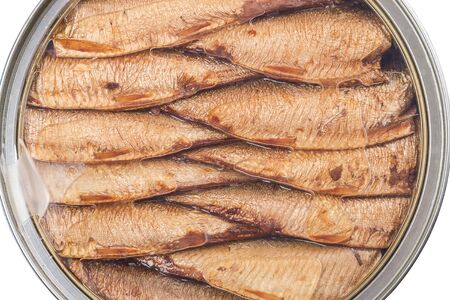 Sprats in a tin can  with a transparent cover isolated on white backgroundの写真素材