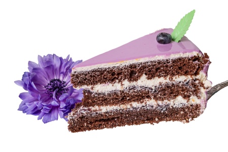 Piece of cake with blueberries  and purple flower. Isolated on white backgroundの写真素材