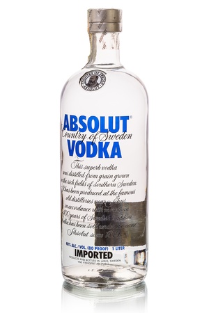 Tambov, Russia, November 15, 2012: Close-up shot Absolut Vodka bottle isolated on white background. Bottle capacity - 1 litters. Absolut is the third largest brand of alcoholic spirits in the world after Bacardi and Smirnoff, and is sold in 126 countries.のeditorial素材