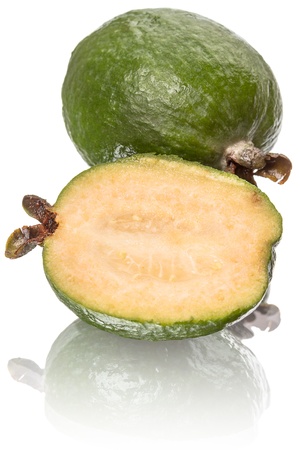 Feijoa and sliced  Isolated on white background with reflectionの写真素材