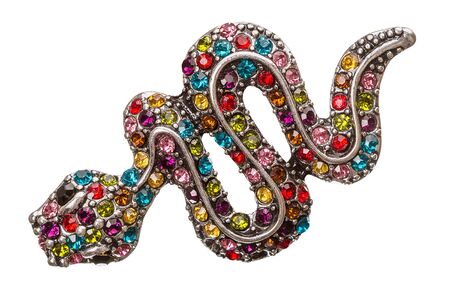 Silver snake with colored stones isolated on white backgroundの写真素材
