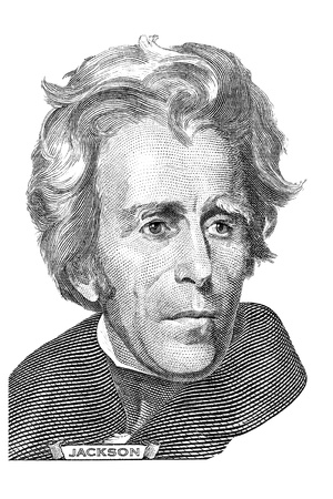 Gravure of Andrew Jackson in front of the twenty dollar banknoteのeditorial素材