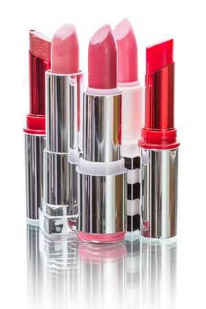 Five kinds of red lipstick Isolated on white backgroundの写真素材